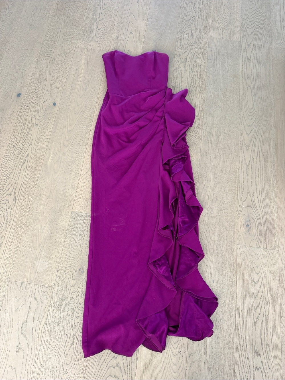 Badgley Mischka Strapless Ruffle-Trim Maxi Dress in Magenta